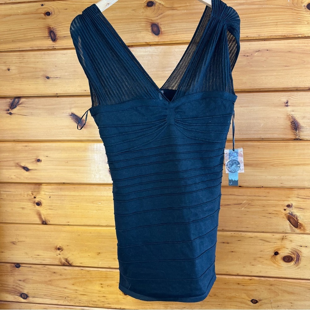 Feminine Poof! Black V-Neck Sleeveless Semi Sheer Knit Mini Sexy Dress L